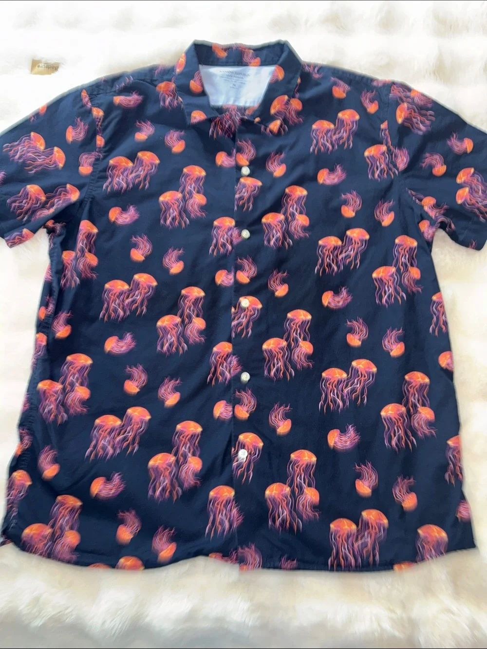 Banana Republic Navy Short-Sleeve Button Down with Jellyfish Print XL